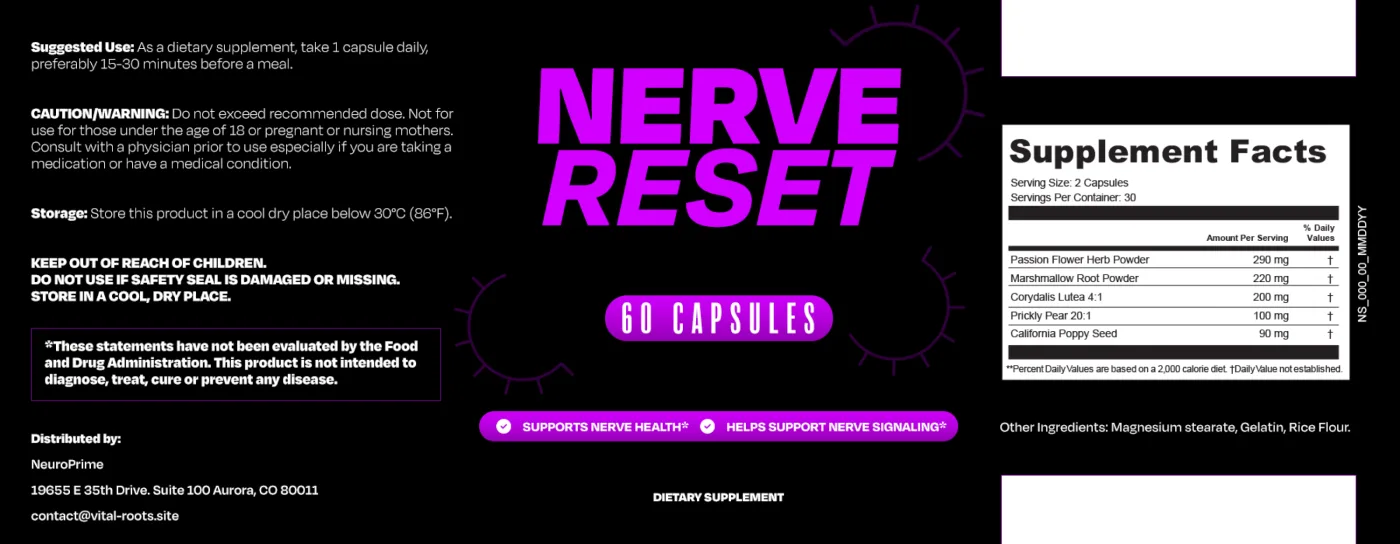 NerveReset Supplement Facts label showing all five ingredients and their doses