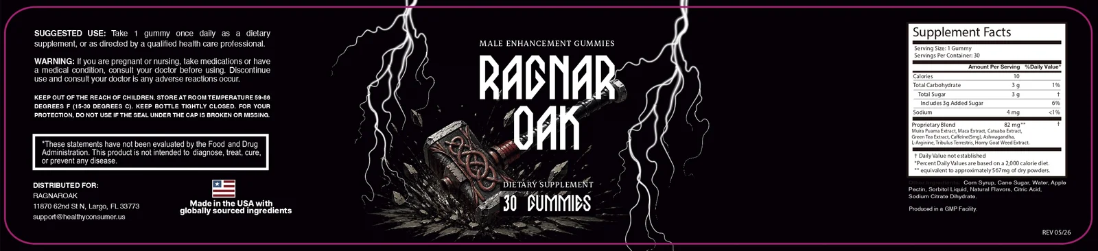 RagnarOak Supplement Facts label showing an 82 mg Proprietary Blend of eight botanicals plus caffeine