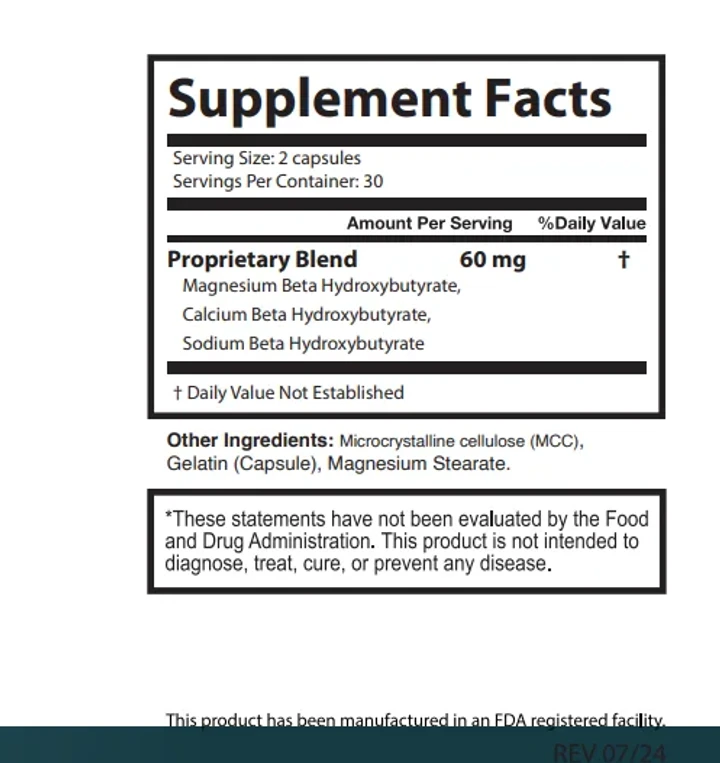 Sugar Pure Balance Supplement Facts panel showing a 60 mg proprietary blend of magnesium, calcium and sodium beta hydroxybutyrate